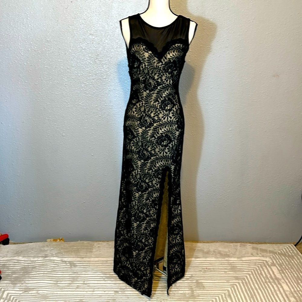 NEW miusol black and nude lace crochet mesh back maxi dress size S